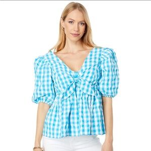 Lilly Pulitzer Sarafina Short Sleeve in Turquoise Oasis Crinkle Gingham